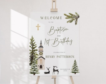 Baptism and 1st Birthday Welcome Sign, Winter Church Deer Template, Editable Boy Christening Poster, Printable, Digital Download P345