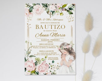 Pink flowers spanish baptism invitation template, invitaciones de bautizo, religious invite, bautizo invitación, christening invite, P229