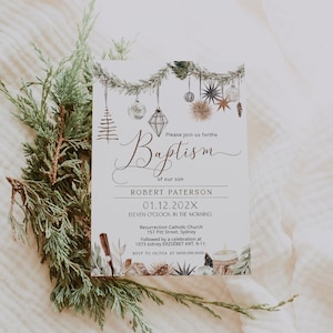 Christmas baptism invitation, boho baptism invitation, girl boy winter baptism invite,  printable winter christening invite template, P167
