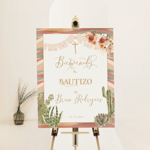 Spanish bautizo welcome sign template, bienvenidos a bautizo, editable christening welcome sign, mexican style poster, cactus floral, P198
