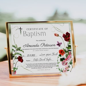 Editable baptism certificate template, wildflower christening certificate, custom certificate of baptism printable, baby baptism gift P25