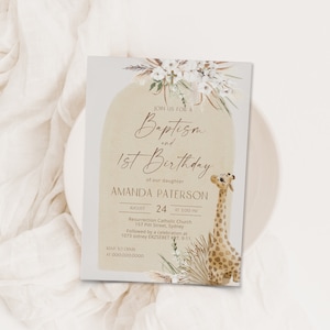 Boho giraffe baptism and 1st birthday invitation template, christening invitation, boho watercolor invite, gender neutral baptism invite P82