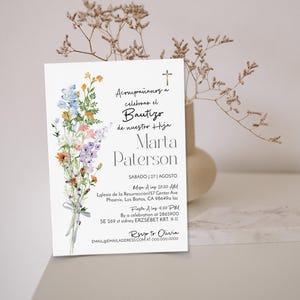 Wildflower bautizo invitation, girl baptism invite spanish, bautizo, spanish baptism, editable religious invite, printable template, P332