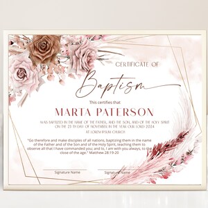 Pampas grass baptism certificate template, boho baptism certificate, printable christening certificate, girl baptism, church certificate P64