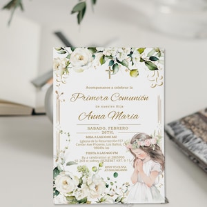 Invitación a la primera comunión de la niña, girl first communion invite invitation in Spanish template, primera comunión, green gold, P222
