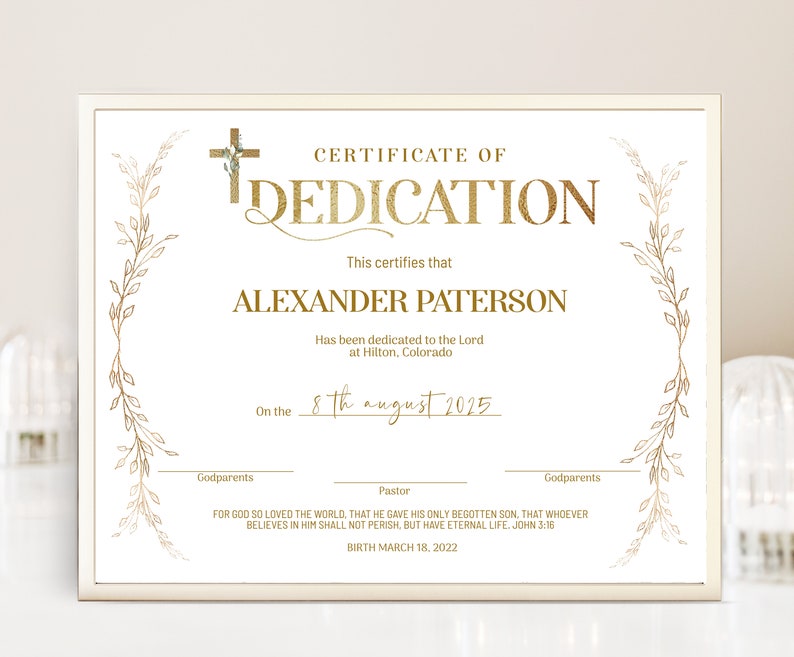 Gold Dedication Certificate Template Child Dedication - Etsy