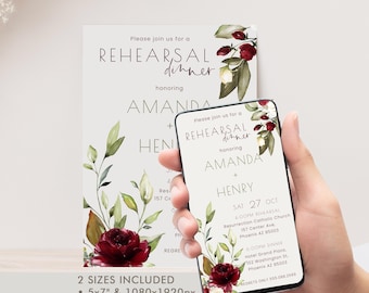 Watercolor Burgundy Rehearsal Dinner Invitation Template, Editable Marsala Olive Floral Wedding Invite, P369