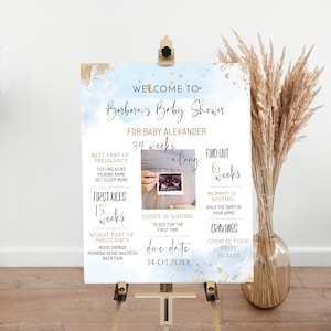 Blue gold baby shower milestone sign, pregnancy stat board template, editable milestone board, boy baby shower sign, baby shower poster, B2b