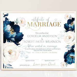 Blue gold wedding certificate template blue flowers marriage certificate keepsake, modern certificate of marriage deep blue certificate P128