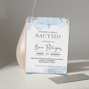 Invitaciones de bautizo digitales en español, editable spanish baptism invitation, mi bautizo invitation blue sailver religious invite, B2s