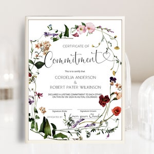 Wildflower marriage certificate keepsake template, editable wildflower commitment certificate, wildflower certificate of commitment, P25