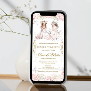 Primera comunión invitación, digital twins girl first holy communion invitation template, spanish communion invite, religious evite, P223