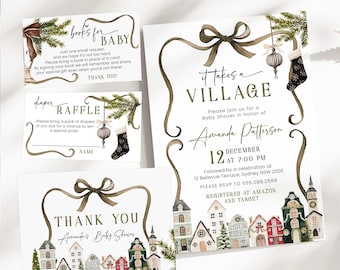It Takes a Village Baby Shower Invitation Set, Christmas Village Bundle, Editable Winter Invite with Books for Baby, Diaper Raffle, P345