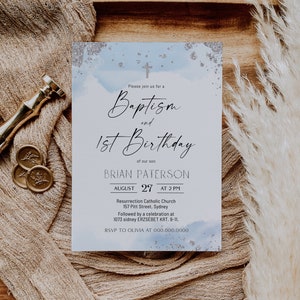 Blue silver baptism and 1st birthday invitation template, christening invitation boy, light blue watercolor invite, boy baptism invite B2s