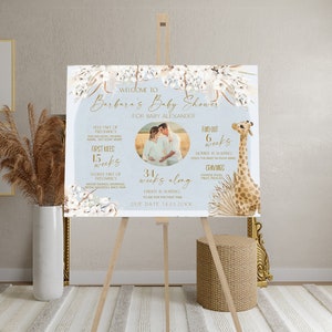 Giraffe baby shower poster template, boho floral pregnancy stat board, pregnancy milestones board, blue baby shower decorations, P82