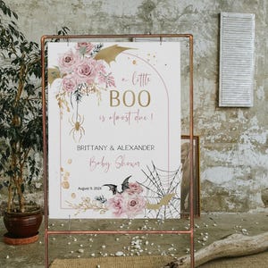 A little boo baby shower welcome sign template, editable girl halloween baby shower poster, pink flowers baby shower welcome sign, P159