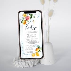Baptism invitation in spanish, mediterranean style, electronic bautizo evite, digital baptism invite template, hand drawn, lemon themed P334