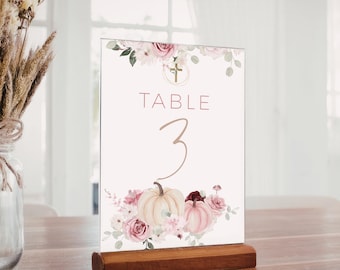 Pumpkin Baptism Table Numbers Template, Editable Fall Cross Christening, Our Little Pumpkin Decor, P240