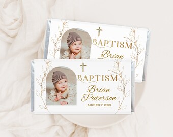 Gold baptism chocolate bar wrapper template, printable candy bar wrapper, photo chocolate bar favors, editable chocolate label, P217