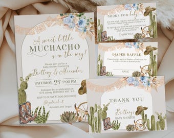 Little muchacho is on the way baby shower invitation set, boy fiesta baby shower invite template, editable mexican baby shower, cactus, P231