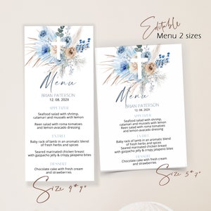 Pampas grass baptism menu card, blue boho menu card template, editable menu card, christening menu, printable menu card, dinner menu, P65