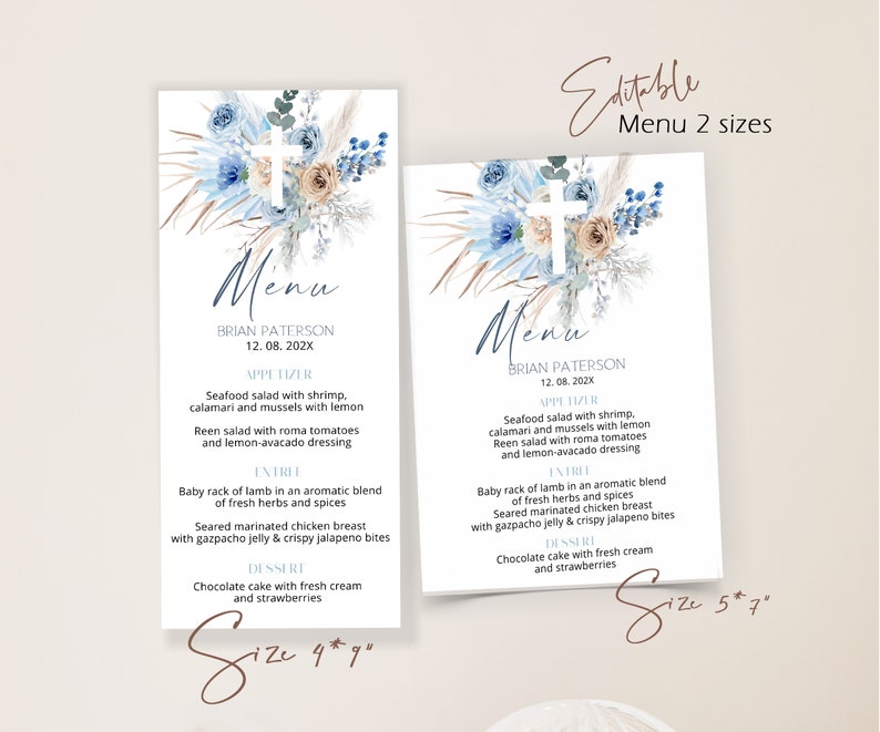 Pampas Grass Baptism Menu Card, Blue Boho Menu Card Template, Editable ...