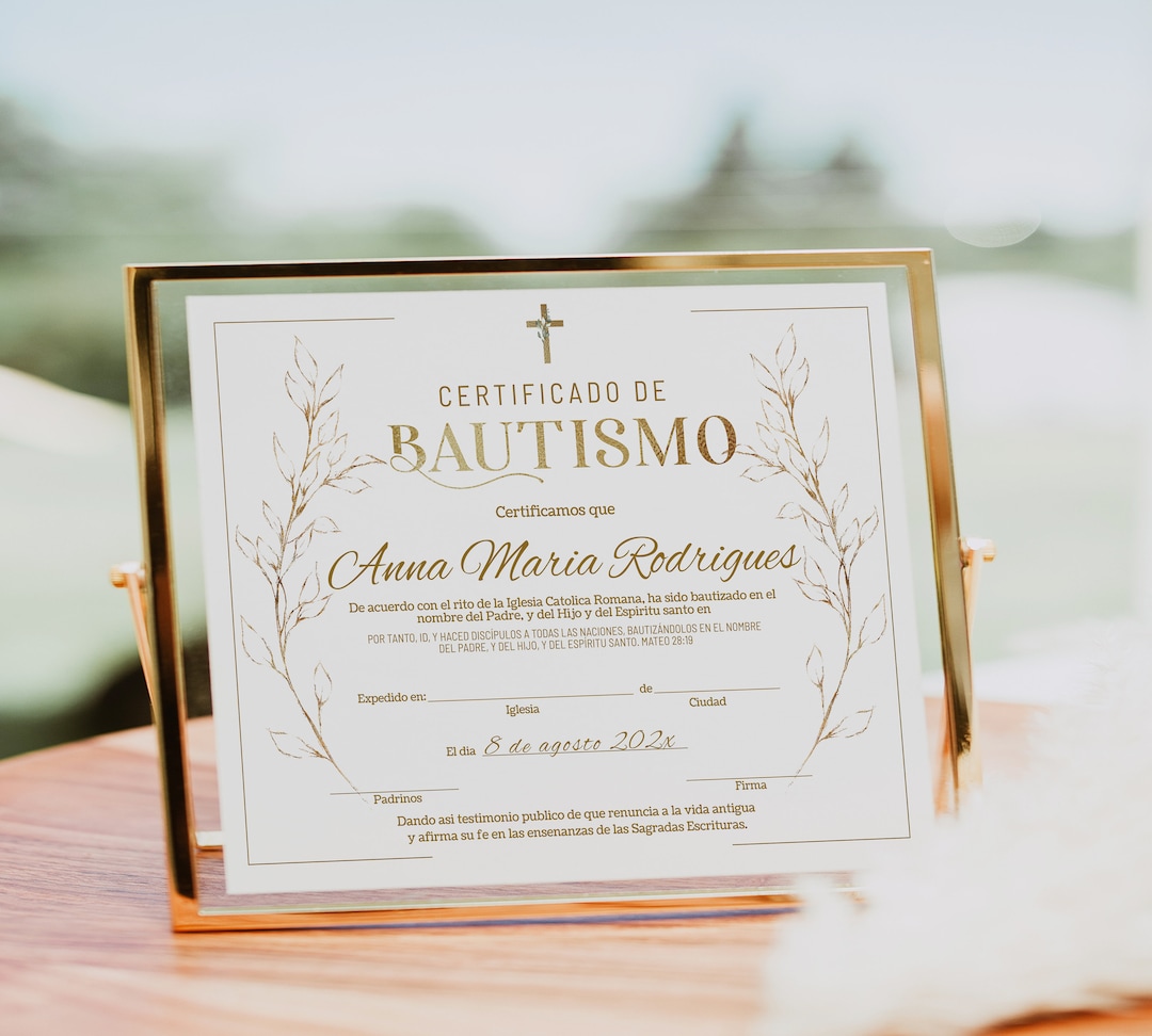 Gold spanish baptism certificate template certificado de bautizo