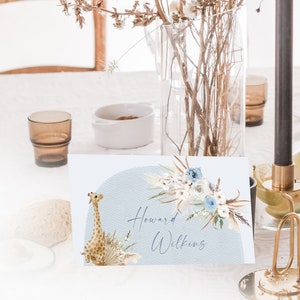 Boho giraffe place card template, pampas grass place card, jungle place cards, giraffe baby shower food label, jungle animals place card P82