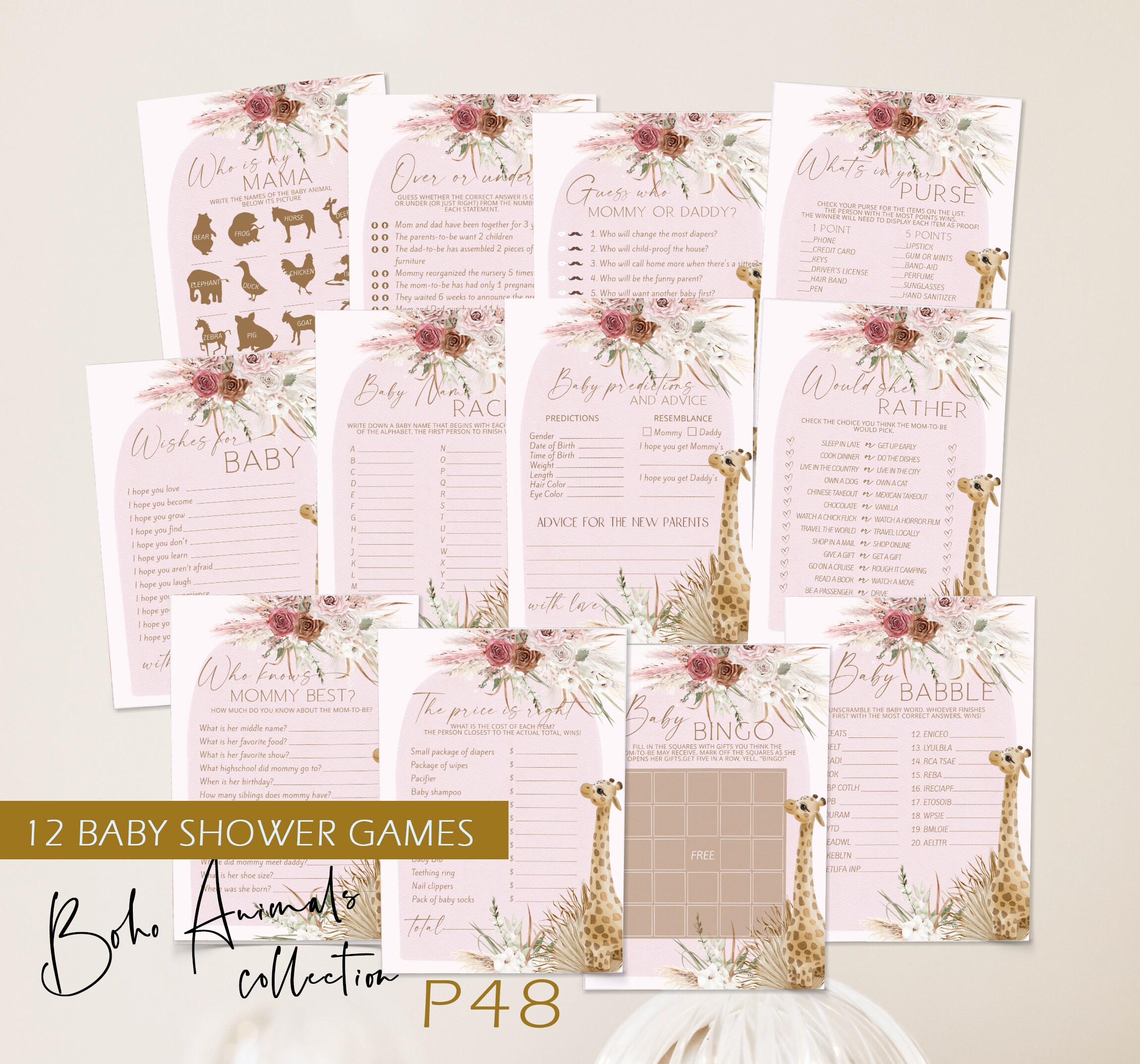 Pink boho giraffe baby shower games bundle template, safari baby shower games bundle, girl baby shower games, pampas grass baby shower P82