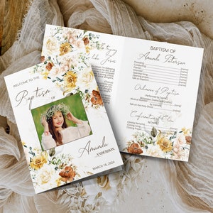 Garden flowers baptism photo program template, boho baptism program card, editable baptism program , printable girl baptism program, P59