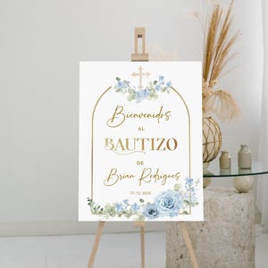 Bienvenidos a bautizo religious welcome sign template, blue floral, printable boy bautizo poster, editable spanish welcome poster, P200