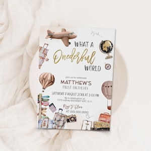Onderful world first birthday invitation template, 1st birthday adventure invite, travel birthday invite, editable birthday invite, P163