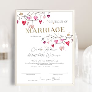Hearts wedding certificate template, boho wedding certificate, editable marriage certificate keepsake, marriage ceremony certificate, P10