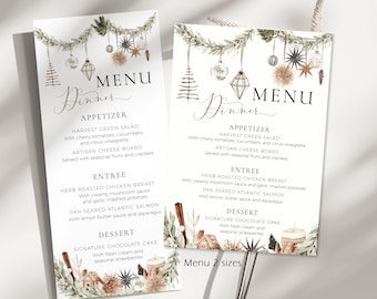 Christmas Wedding Dinner Menu Template, Editable Corjl Holiday Celebration Menu Card, Winter Gingerbread and Pine Wreath Decor, P167