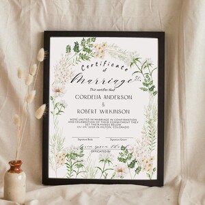 Editable certificate of marriage, wildflower wedding certificate, marriage certificate keepsake, wildflower wedding, printable template P333