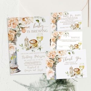 Baby is brewing shower invitation set template, wine coffee & bottle, boho floral baby shower invite, diaper raffle, books for baby, P306