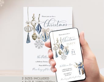 May include: A Christmas party invitation card featuring watercolor illustrations of blue and gold ornaments, a silver snowflake, and a bow. The text reads Please join us for a Christmas Party, Dec 24, 7:00 PM, the Patterson Home, 12 Bellevue Terrace, Sydney NSW 2000.