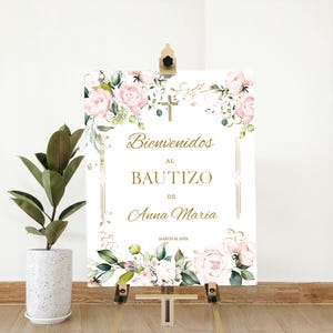 Pink floral bautizo welcome sign, spanish christening welcome, editable baptism welcome sign template, printable baptism welcome sign, P229