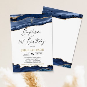 Deep blue gold baptism and 1st birthday invitation template, christening invitation boy, navy watercolor invite, boy baptism invite B022