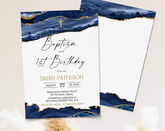 Deep blue gold baptism and 1st birthday invitation template, christening invitation boy, navy watercolor invite, boy baptism invite B022