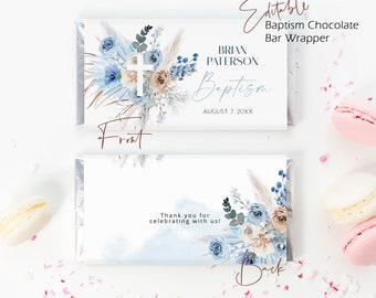 Boho baptism chocolate bar wrapper template, editable candy bar wrapper, pampas baptism favors hershey bar wrapper, boy chocolate labels P65