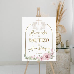 Bienvenidos a bautizo religious welcome sign template, pink floral, printable girl bautizo poster, editable spanish welcome poster, P200