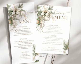 Elegant Christmas Dinner Menu Template, Watercolor Pine Branches, Gold Ornaments (Digital Download) P296
