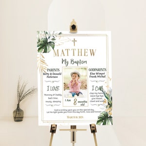 Greenery baptism milestone poster template, editable baptism welcome sign, tropical monstera baptism sign, christening milestone sign, P207