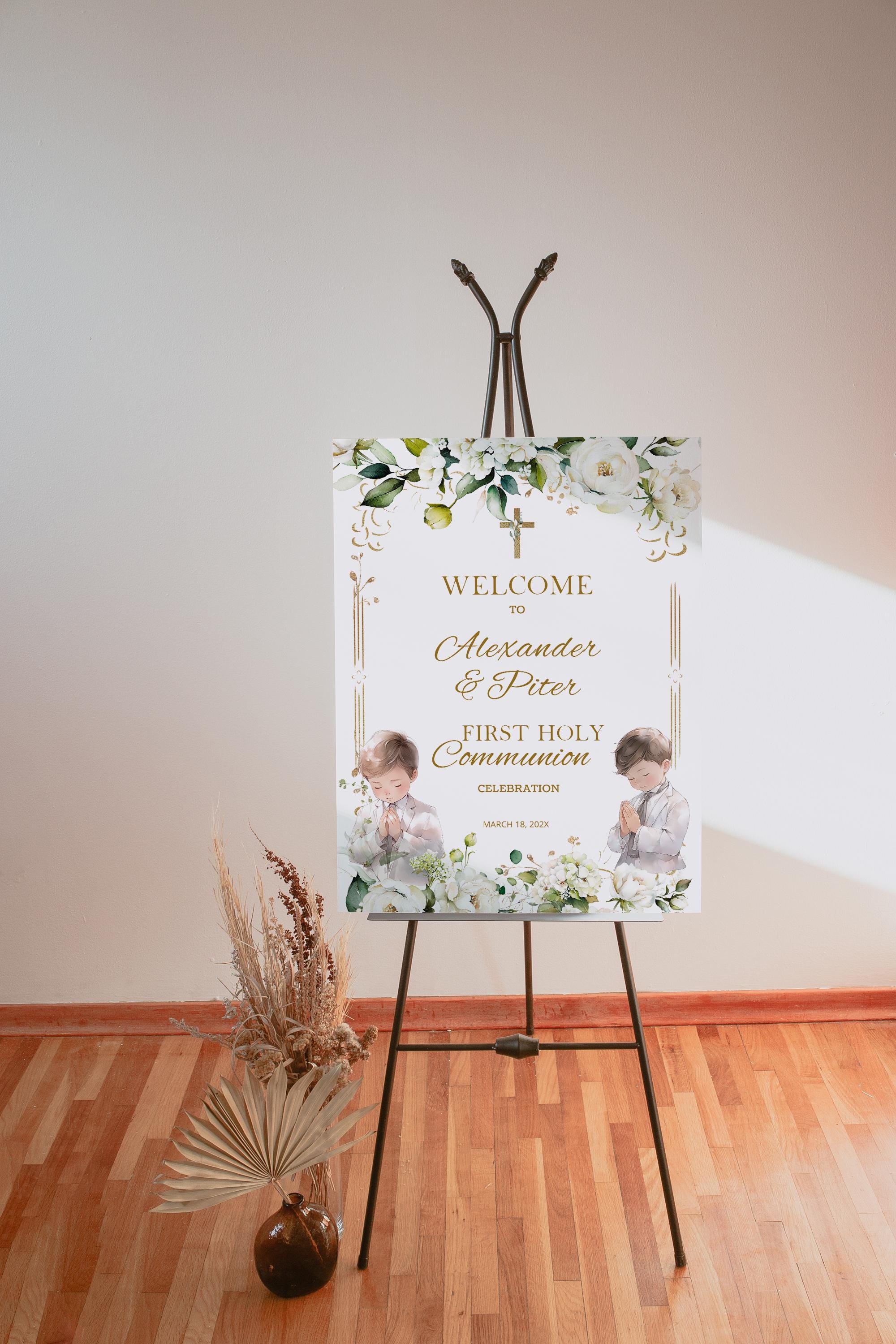 Poster Awug Editable Twins Boy First Holy Communion Welcome Sign, Boys Communion ...