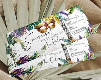 May include: Two printable tickets with a watercolor background of tropical leaves and a gold masquerade mask. The tickets say "Surprise! You're going to New Orleans" and include a date, time, and space for a special message.