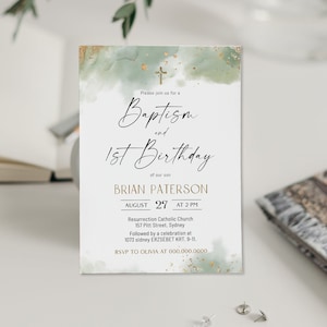 Sage green gold baptism and 1st birthday invitation template, christening invitation boy, greenery watercolor invite, boy baptism invite B2g