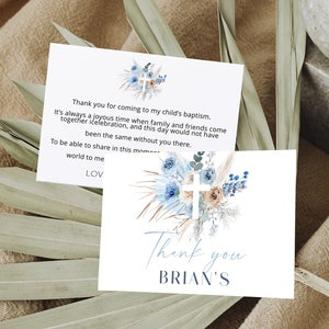Blue boho baptism thank you cards, religious thank you note template, boy christening thank you pampas grass, printable boy baptism card P65