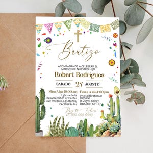 Spanish baptism invitation template, invitaciones de bautizo, fiesta baptism, editable christening invite, cactus invite, mexican theme P293