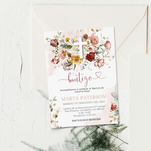 Floral baptism invitation in spanish, invitación de bautismo, flowers religious invite, invitación bautizo, editable christening invite P304